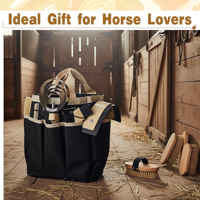 Abbylike 12 Piece Horse Grooming Kit with Organizer Tote Bag Brush Sets for Derby Day Show Horses Professional Tools for Care & Massage(Khaki and Black)