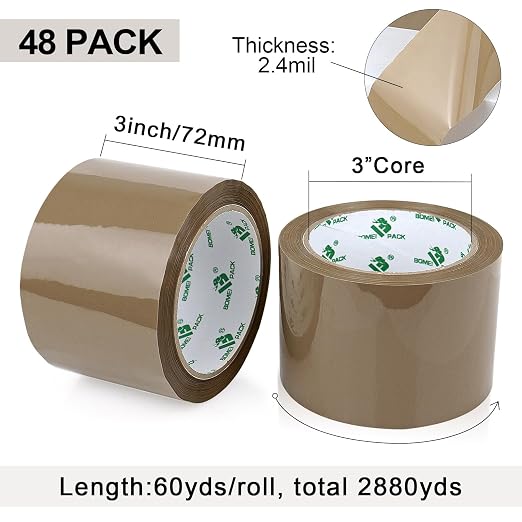 BOMEI PACK Wide Brown Packing Tape 3 inch, 48 Refills Rolls Bulk Shipping Tape for Heavy Duty Packaging, Moving, Shipping and Storage, 2.4 Mil x 60 Yards