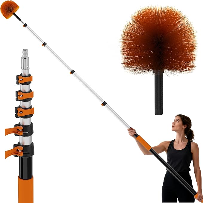 18 FT Cobweb Duster with 3-12 FT Telescoping Pole, Dual Action Flip-Lock & Screw Fixing Design, Washable Reusable Duster for High Ceilings, Fans & Home Cleaning