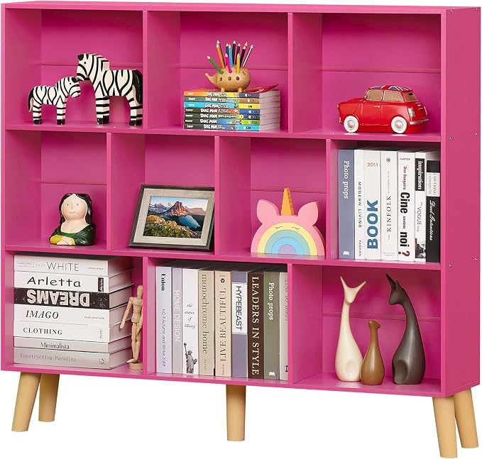 LEYAOYAO 10 Cube Bookshelf, Mid-Century Modern Book Shelf with Legs, Pink | 3 Tier Bookcase, Rustic Wood Bookshelves Freestanding Large Storage Organizer, Open Shelves for Bedroom, Living Room, Office