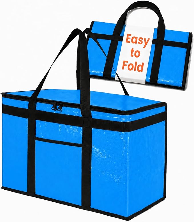PRO Large Insulated Food Delivery Bag (2XL, Blue, 1 Pack) | Thermal bag, For cold & hot food, Water-resistant, Portable cooler, Soft sided catering tote, Grocery bag with zippered top
