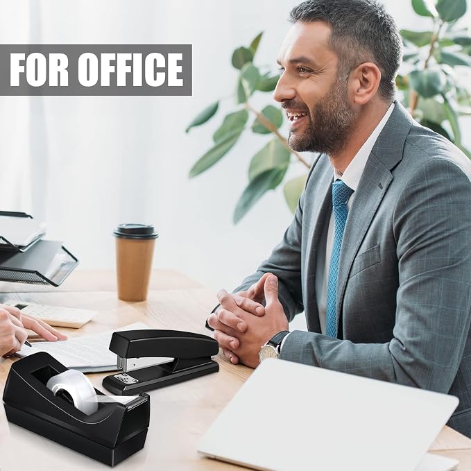 16 Pcs Desk Staplers Tape Dispensers Sets Desktop Office Staplers with Standard Staples Black Dispenser Holder with White Tape for Office School