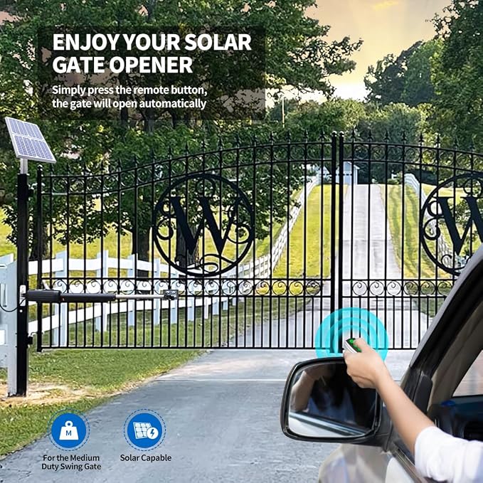 TOPENS AD5S Automatic Gate Opener Kit Medium Duty Solar Dual Gate Operator for Dual Swing Gates Up to 16 Feet or Max 550 Pounds Gate Motor Solar Panel