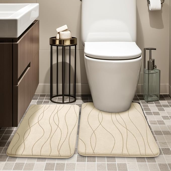 YIHOUSE Bathroom Rugs Set 2 Piece, Memory Foam Bath Mat Khaki | U Shaped+Small Mat, Ultra Soft, Absorbent, Non-Slip, Machine Washable, for Bathroom, Sink and Toilet