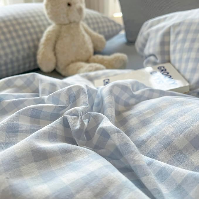 mixinni Light Blue Gingham Duvet Cover Set Twin Size - 100% Washed Cotton 3 Piece Plaid Checkered Bedding Set, Soft Comfy Grid Farmhouse Comforter Cover with Zipper Closure & Corner Ties