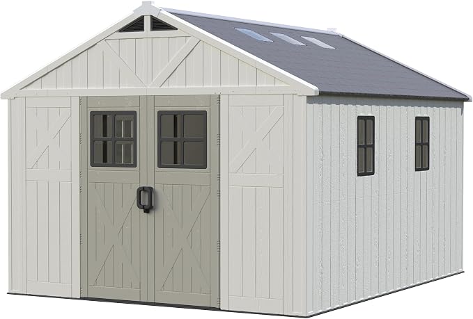 Greesum 10X12FT Plastic Outdoor Storage Shed with Floor and Lockable Door, Resin Sheds with 5-Windows and Multiple Skylights, HDPE Kick-it Shed for Garden, Patio, Backyard, Beige