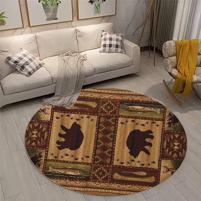 Empire Bear Footprints Area Rug 6ft for Conference Room Non-Slip Village Native American Style Carpet Balcony Decor Rustic Bear Round Rugs