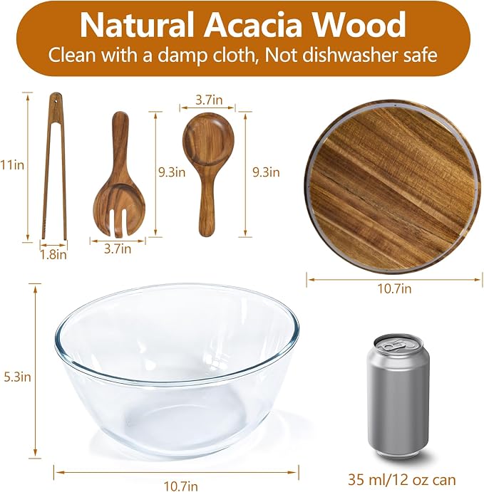 4.8QT Glass Salad Bowl Set, Lid Doubles as Charcuterie Board | 5-Piece Set, Utensils Included, Microwave Safe Glass, Dishwasher Safe, Airtight Lid, Perfect for Potlucks & Gifting