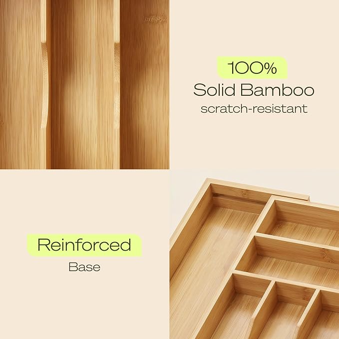 Drawer Organizer for Kitchen Organization – Expandable Bamboo Silverware Drawer Organizer with Removable Knife Block, Bamboo Cutlery, Non-Slip Utensil Organizer with 7-Slot Knife Storage for Flatware