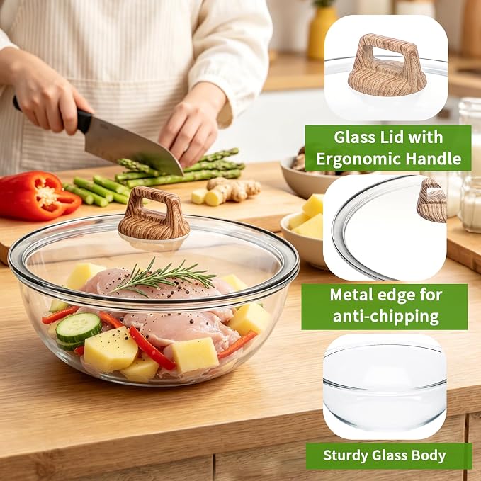6.5 Qt Large Glass Mixing Bowl with Glass Lid, Clear Glass Bowl for Sourdough Salad Bowls with Lid & Square Handle,Thickened Glass Big Mixing Bowls Cooking Bowl for Food Prep, Kitchen,Dinner