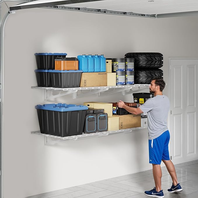 FLEXIMOUNTS 2-Pack 2x6ft Garage Shelving 24-inch-by-72-inch Heavy Duty Wall Mounted Shelves Garage Storage Rack Floating Shelves, 1400lbs Load Capacity, White, Classic Series