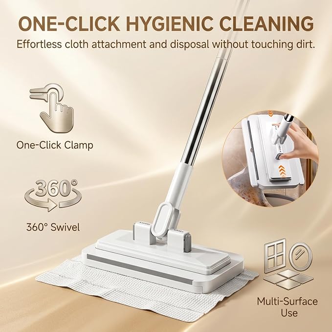 RAINPOT Wet Dry Flat Mop for Floor Cleaning, 360° Swivel Head Sweeper, Snap Grip Mop 2026, Reusable Cloth Locking Design, Extendable Long Handle for Tile Laminate Walls (2 Mops+4 Packs Cleaning Cloth)