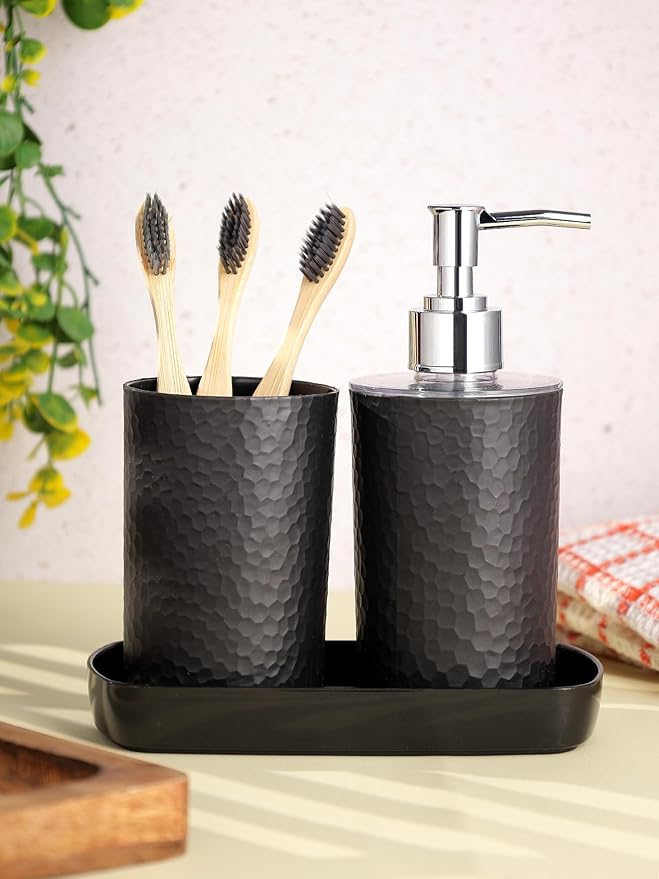 Bathroom Accessories Set of 3, Toothbrush Holder, Liquid Soap Dispenser & Tray, Unbreakable Plastic Organizer for Sink & Bathroom Essentials, Handwash, Sanitizer, Shampoo, Lotion (Black)