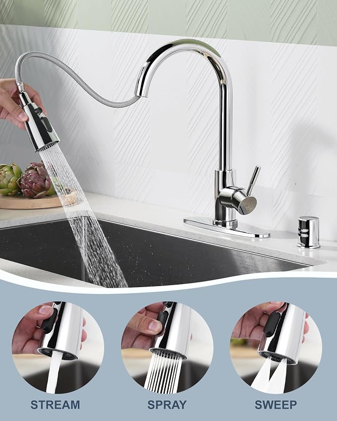 Kitchen Faucet with Air Gap: WOWOW Stainless Steel Kitchen Sink Faucet and Dishwasher Air Gap Kits for Kitchen Sink 2 or 4 Hole, Polished Chrome Kitchen Faucet Combo with Sprayer