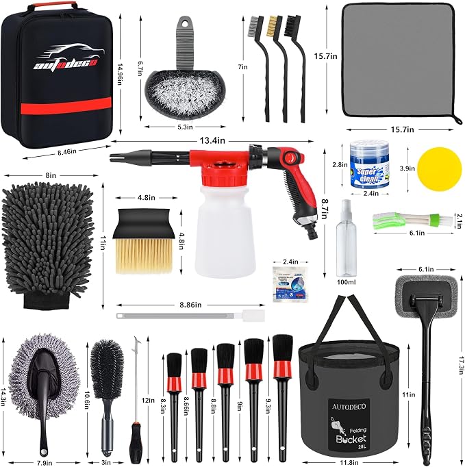 44Pcs Car Wash Detailing Kit Cleaning Kits with Foam Gun Sprayer Wash Mop with Long Handle Collapsible Bucket Large Wash Mitt Towels Complete Interior Exterior Car Washing Supply Set Black