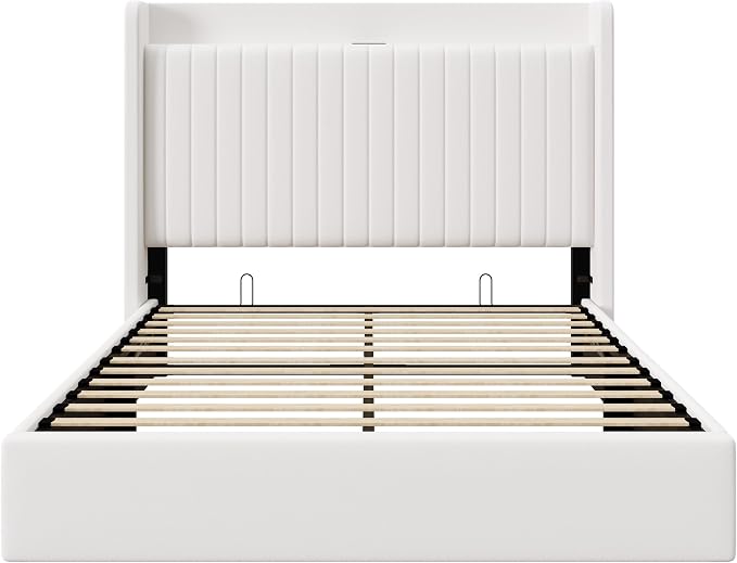 Allewie Queen Lift Up Storage Hydraulic Bed Frame,Charging Station,White | Storage Shelf Headboard with Charging Station,Type-C,USB Ports,Hydraulic Support,Velvet Upholstered,No Box Spring Needed