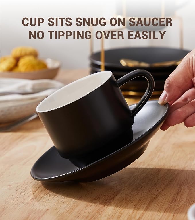 Lareina 8 Ounce Porcelain Cappuccino Cups Set of 4, Stackable Coffee Cups with Saucers, Spoons and Metal Stand -for Specialty Coffee Drinks, Cappuccino, Latte, Americano and Tea, Black