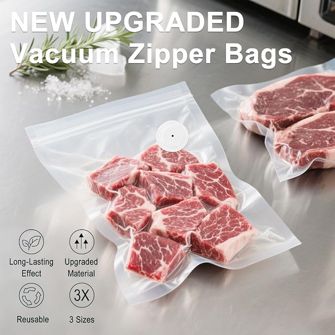 MEGAWISE Vacuum Zipper Bags 20Pcs (12 * 13.5in), BPA Free, Reusable Food Storage Bags with Air Valve for Sous Vide Cooking/Freezer/Microwave Heating, with 5 Seal Clips.