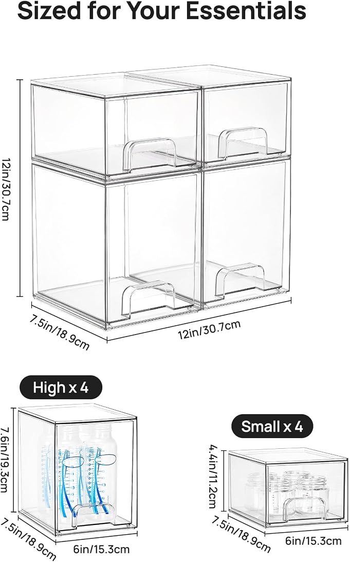Vtopmart Stackable Storage Drawers Set of 8, Clear Plastic Organizer Bins for Baby Bottle, Beauty Supplies Storage, Ideal for Kichen Countertop, Vanity, Bathroom, Cabinet, Pantry Organization