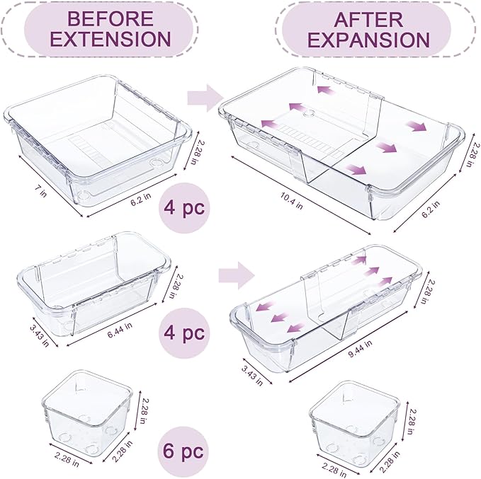 14 Pcs Clear Drawer Organizer, Adjustable Drawer Storage Box, 3-Size Desk Drawer Organizer, Acrylic Storage Bins for Makeup, Cosmetic, Kitchen Utensils, Bedroom Dressers Tool Organizer for Gadgets