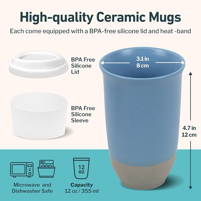 NOVA CERAMICS Travel Mug - Ceramic Coffee Mug With Lid – Microwave & Dishwasher Safe Coffee White & Grey Tumbler - Fits In Cup Holder – 12oz – Coastal Drift