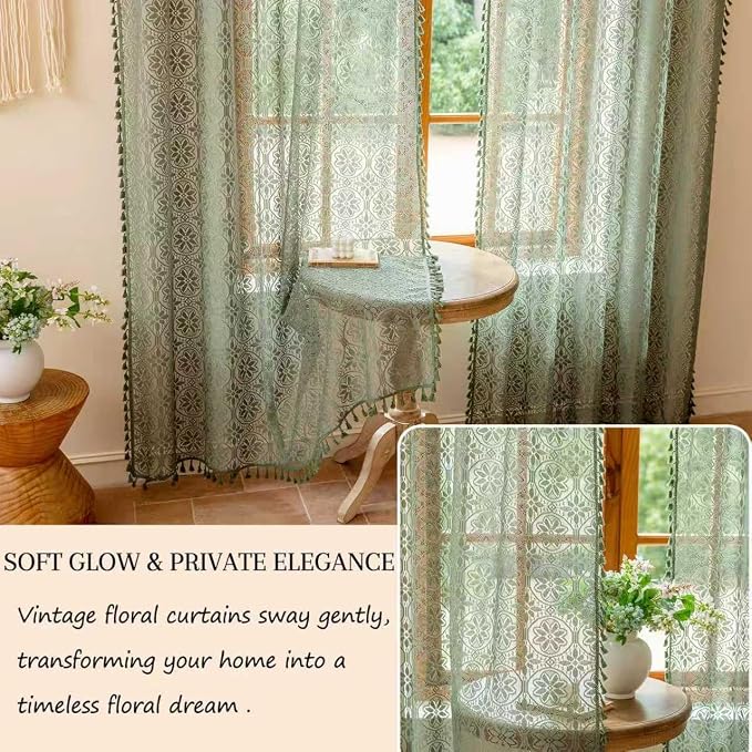 Sutuo Home Olive Green Boho Lace Curtains 2 Panels for Kitchen Kid's Room,Bohemian Floral Light Filtering Crochet Vintage Country Rustic Tassels Drape Privacy Window Treatments Rod Pocket, 50" x 63"
