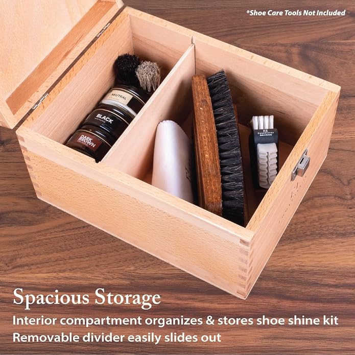 FootFitter Beech Wood Valet Box, Premium Shoe Shine Storage Organizer | Durable Beech Wood Construction with Storage Space for Shoe Care Tools & Attachable Shoe Rest for Cleaning & Polishing