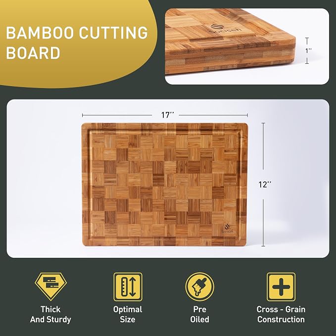 Bamboo Cutting Board 17'' Wood Cutting Boards for Kitchen Wooden Non Toxic | Heavy Duty, Solid & Durable, Juice Groove, Chopping Board, End Grain, Smart Flexible High Rank Stainless Steel Titanium
