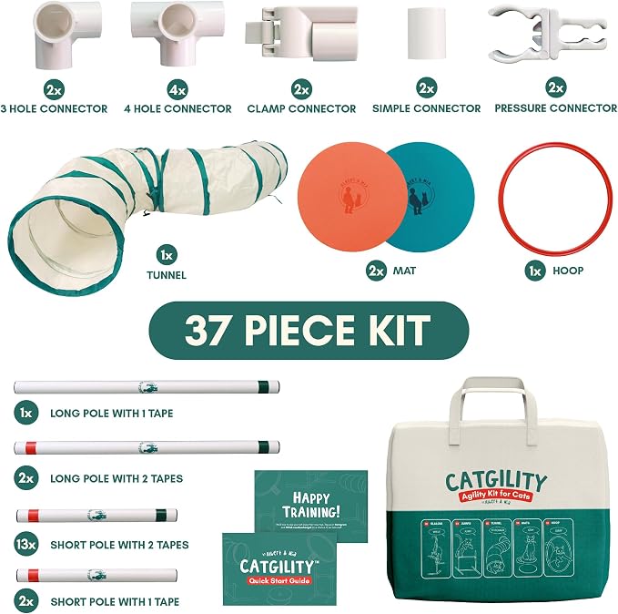 ALBERT & MIA CATGILITY Cat Agility Equipment + Clicker Trainer Guide – Exercise Agility Course – Jumping Hurdles & Hoop, Tunnel (Small Dog & Cat Training) Clicker Training Obstacle Course for Cats