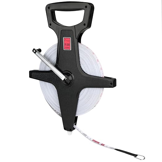 Champion Sports Open Reel Measuring Tapes – Durable Hand Crank with Metal Spike, Dual-Sided Feet & Meters, Perfect for Track & Field and Long Jump, 300 Feet/90 Meters