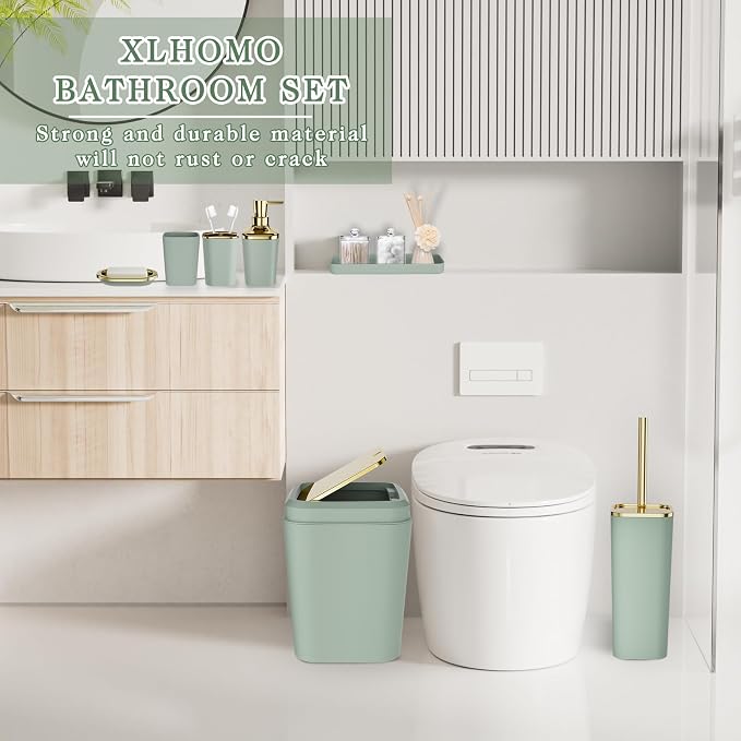XLHOMO Bathroom Set, Bathroom Accessory Set, Sage Green Bathroom Accessories Set with Press-on Lid Bathroom Trash Can, Soap Dispenser, 9PC Bathroom Accessory Set for Home