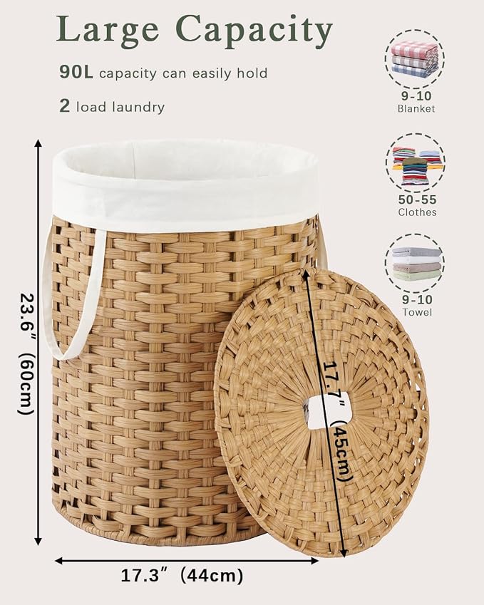 SETVSON Laundry Hamper with Lid 23.8 Gal (90 L) PE Rattan, Natural | 90L 23.8 Gal Round PE Rattan Hamper with Lid, Removable Washable Liner Bag, 2 Mesh Wash Bags, Steel Frame, Handles