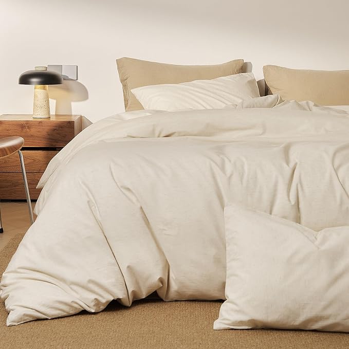 mixinni 3 Piece Washed Cotton Linen Blend Duvet Cover Set King Size, Soft Breathable Farmhouse Beige Neutral Solid Duvet Cover with Natural Linen Texture, 104x90 inches with 2 Pillowcases