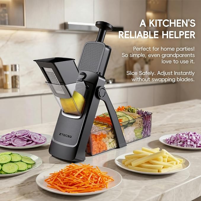 Vegetable Slicer for Kitchen, Safe Mandoline Slicer, Adjustable Veggie Potato French Fry Cutter, Wider Tray & Stainless Steel Grater & Filter Basket & Lid & Cleaning Brush (Black Pro)