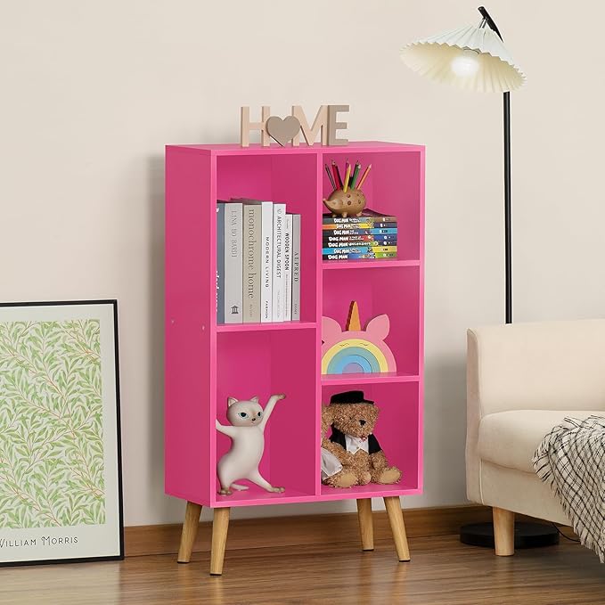 LEYAOYAO 5 Cube Bookshelf, Mid-Century Modern Book Shelf with Legs, Pink | 3 Tier Bookcase, Rustic Wood Bookshelves Freestanding Small Storage Organizer, Open Shelves for Bedroom, Living Room, Office
