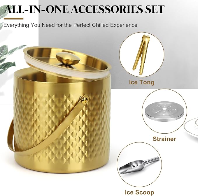 3L Vacuum Insulated Ice Bucket, 304 Stainless Steel Champagne Bucket with Lid, Silicone Seal, Handle, Ice Tongs Scoop Strainer, 2-3H Cold Retention for Bar Party Home Wedding Gifts