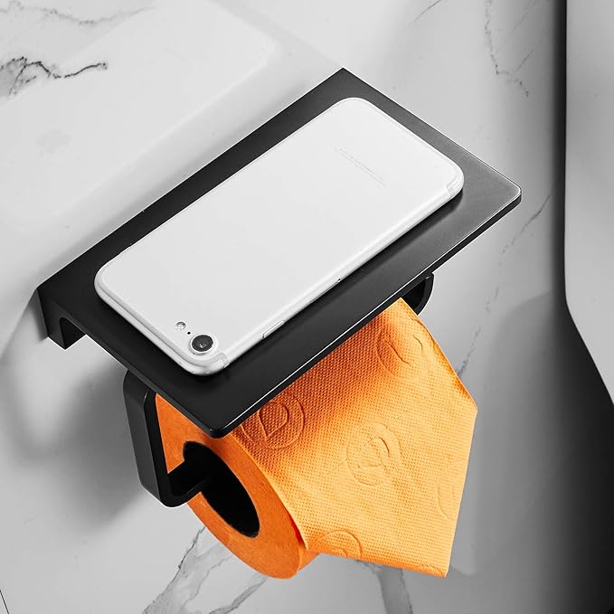 Toilet Roll Paper Holder Bathroom Solid Brass and Superior Hotel Style Wall Mount Tissue Roll Holder with Phone Shelf Matte Black Finished