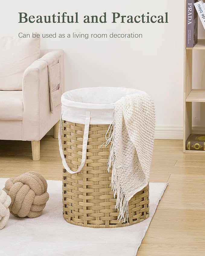 SETVSON Laundry Hamper Laundry Basket Round 19.0 Gal (72 L) Handwoven Rattan Hamper, Large Wicker Hamper Basket with Removable Liner Bag Handles 2 Mesh Bags for Bathroom Living Room Natural (No Lid)