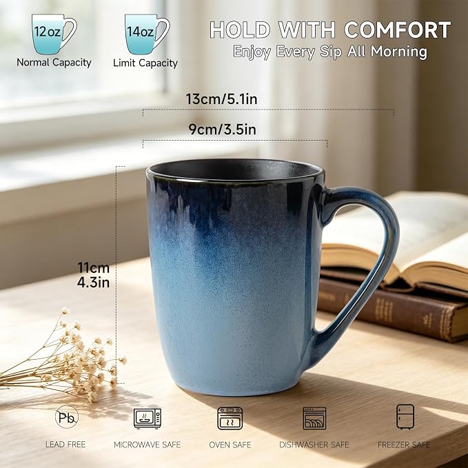MONITO 14oz Ceramic Coffee Mugs Set of 6,Ice-Snow Blue Mugs with Handle | Perfect for Latte, Cappuccino, Tea & Cocoa, Ideal Reusable Drinking Cups for Home, Kitchen & Office Daily Use