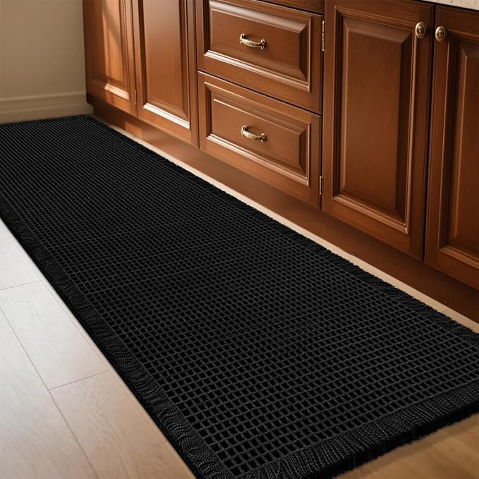 IM HOME Waffle Bath Mat Black 5'x2', Boho Woven Modern Bath Mat Rugs, Absorbent Non Slip Bathroom Rugs, Soft Washable Bath Rugs with Tassels for Bathroom, Bedroom, Kitchen, Shower, Tub