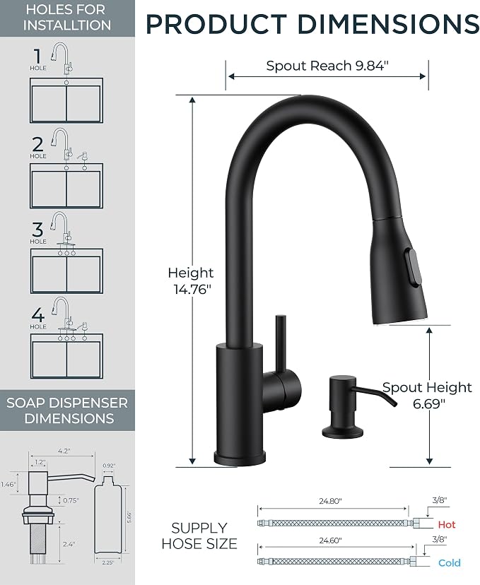 FORIOUS LED Kitchen Faucet with Soap Dispenser, Pull Down Sprayer, Black | Stainless Steel Single Handle, Transitional Bar Sink Faucet with LED Light Sprayer, Suitable for Outdoor Rv Laundry Camper