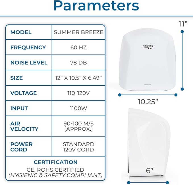 Electric Hand Dryer for Commercial Bathrooms & Home Use (110-120V) - Energy Efficient 1100W Automatic Hand Dryer - HEPA Air Filtration & UV Protection - Wall Mounted, 78 dB - Warm Air (White)