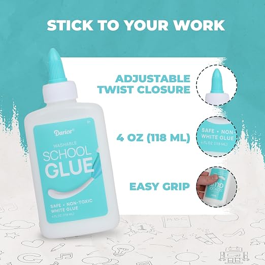 Darice Washable School Glue 4oz - 48 -Pack White Liquid Glues for Kids - Extra-Strong Great for Slime, Arts and Crafts - Back to School Supplies Glue Bottle with Adjustable Twist Closure