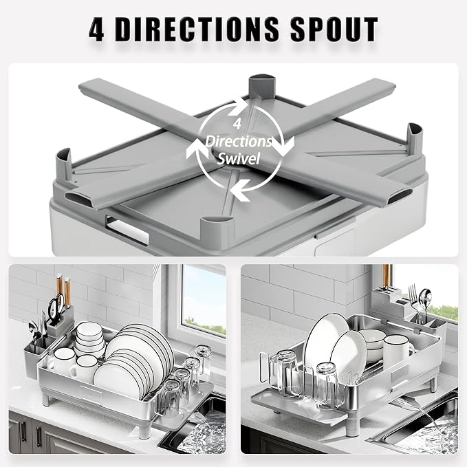 Dish Drying Rack, 304 Stainless Steel Dish Racks for Kitchen Counter | Dish Drainers with Automatic Drainage, Utensil Holder & Cups Holder, Space Saving Kitchen Organizer, Gray