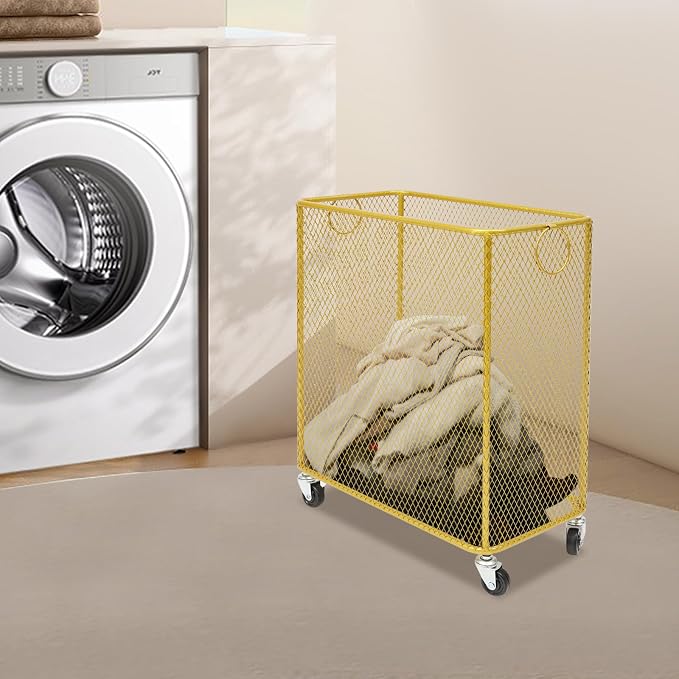 Rolling Laundry Basket Cart, Laundry Hamper with Wheels, Square Metal Mesh Clothes Storage Organizer Hamper with Metal Pull Handle for Laundry Room and Bedroom(Gold, 16.9" x 9" x 17.7")