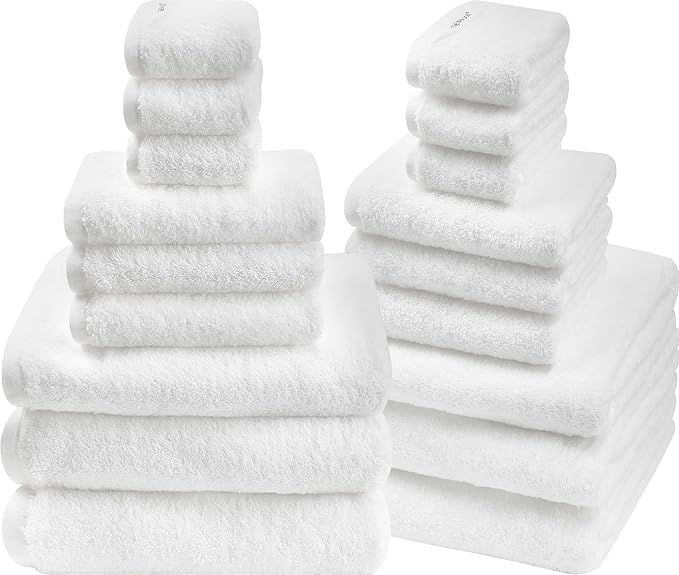 SEMAXE Bath Towel Set, 18 Piece Towel Set for Bathroom, Large Value Pack, Quick Dry Cotton Towels with Hanging Loops, Easy Care, White