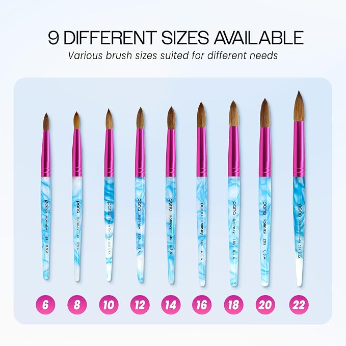 PANA USA Acrylic Nail Brush Pure Kolinsky Hair Acrylic White Swirl Blue Handle with Pink Ferrule Round Shaped - Size 12