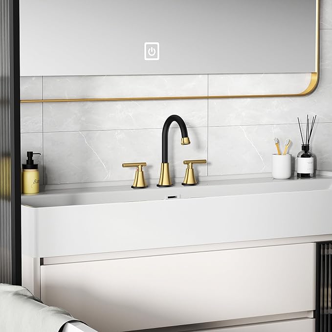 Bathroom Faucets for Sink 3 Hole, Hurran Black& Gold Bathroom Sink Faucet with Pop-up Drain and Supply Lines, Stainless Steel Lead-Free Widespread Faucet for Vanity RV Farmhouse Sink