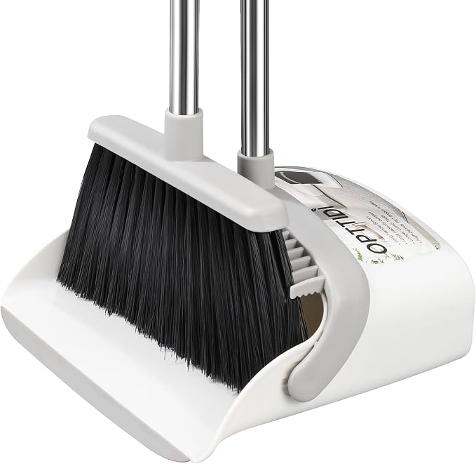 Broom with Dustpan Combo Set, Hand Broom and Dustpan Set for Sweeping Indoor Angle Broom for Home Office Kitchen Lobby Floor Pet Hair Indoor&Outdoor Cleaning (White&Gray)