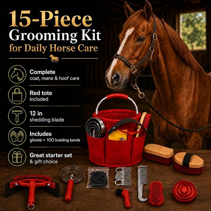 Horse Grooming Kit, 15-Piece Horse Brush Set with Red Tote Bag, Long Shedding Blade, Hoof Pick, Curry Comb, Sweat Scraper, Mane and Tail Comb, Gloves, Equine Grooming Supplies